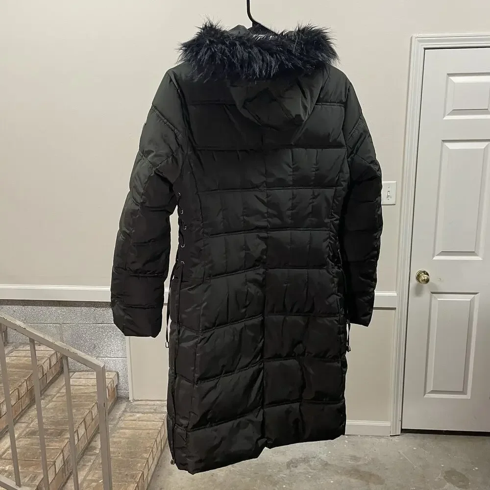GUESS Puffer Coat Dark Green Women’s Medium Long Hooded Faux Fur Winter NWOT